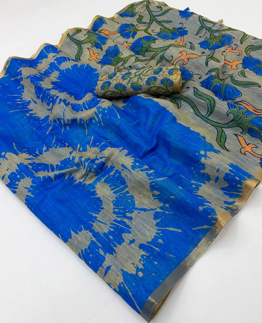 Jazzy Royal Blue Printed Cotton Silk Saree With Super classy Blouse Piece