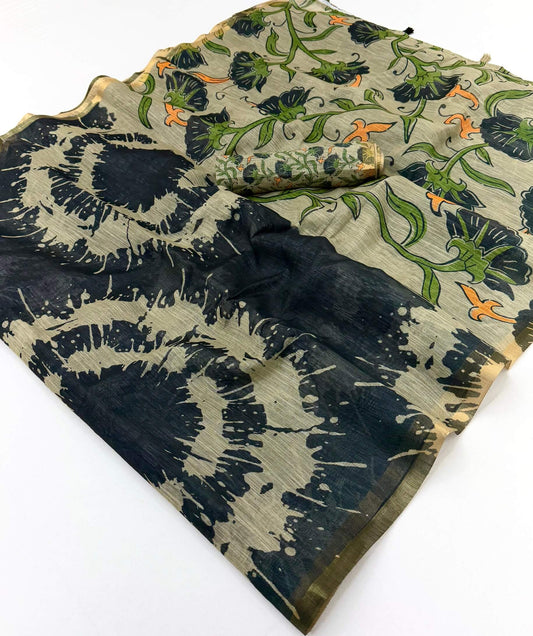Surpassing Black Printed Cotton Silk Saree With Glowing Blouse Piece