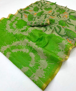 Fantabulous Green Printed Cotton Silk Saree With Blissful Blouse Piece