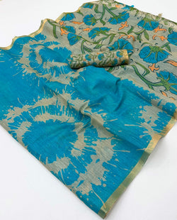 Classic Firozi Printed Cotton Silk Saree With Nemesis Blouse Piece