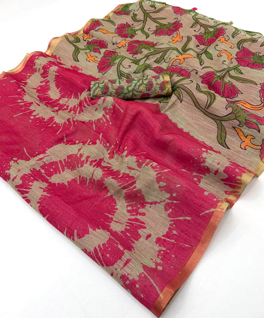 Stylish Dark Pink Printed Cotton Silk Saree With Flameboyant Blouse Piece