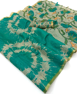 Sumptuous Rama Printed Cotton Silk Saree With Confounding Blouse Piece