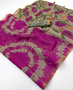 Unequalled Purple Printed Cotton Silk Saree With Opulent Blouse Piece