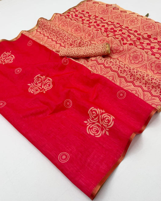 Confounding Red Printed Cotton Silk Saree With Preferable Blouse Piece