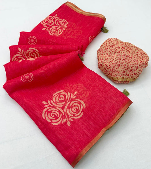 Confounding Red Printed Cotton Silk Saree With Preferable Blouse Piece