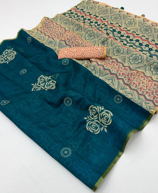 Stunning Rama Printed Cotton Silk Saree With Refreshing Blouse Piece