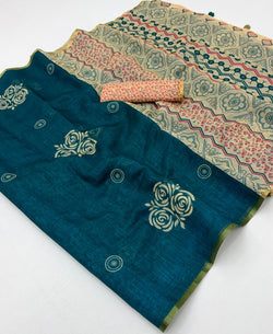 Stunning Rama Printed Cotton Silk Saree With Refreshing Blouse Piece