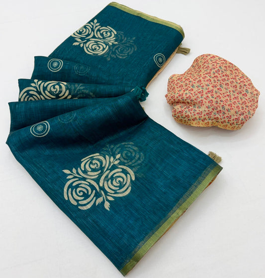 Stunning Rama Printed Cotton Silk Saree With Refreshing Blouse Piece