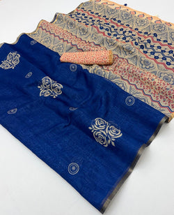 Ravishing Royal Blue Printed Cotton Silk Saree With Appealing Blouse Piece