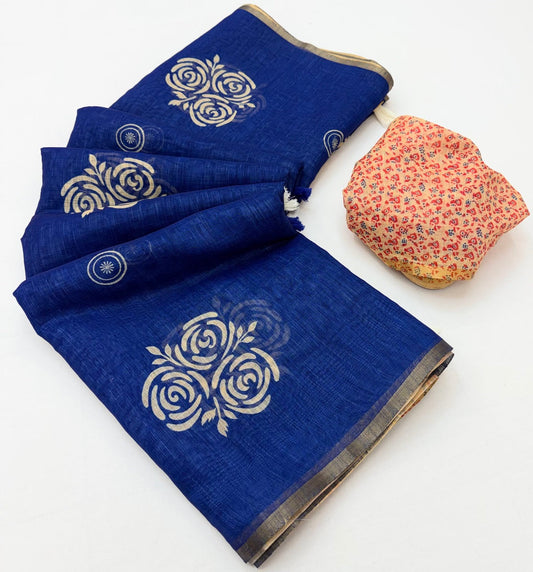 Ravishing Royal Blue Printed Cotton Silk Saree With Appealing Blouse Piece