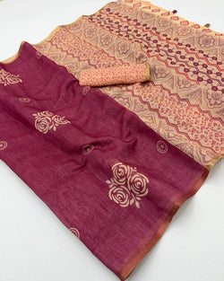 Vibrant Maroon Printed Cotton Silk Saree With Lassitude Blouse Piece