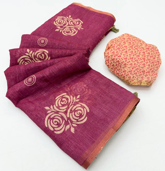 Vibrant Maroon Printed Cotton Silk Saree With Lassitude Blouse Piece