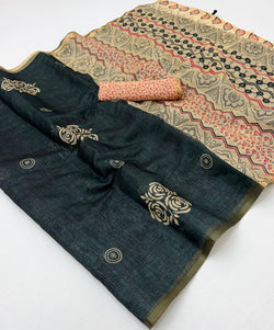 Eloquence Black Printed Cotton Silk Saree With Skinny Blouse Piece