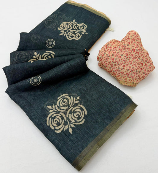 Eloquence Black Printed Cotton Silk Saree With Skinny Blouse Piece