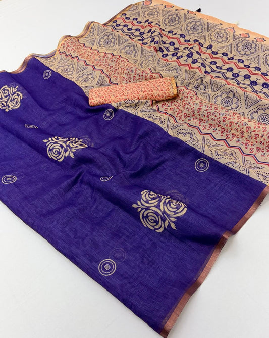 Unequalled Royal Purple Printed Cotton Silk Saree With Ratatouille Blouse Piece