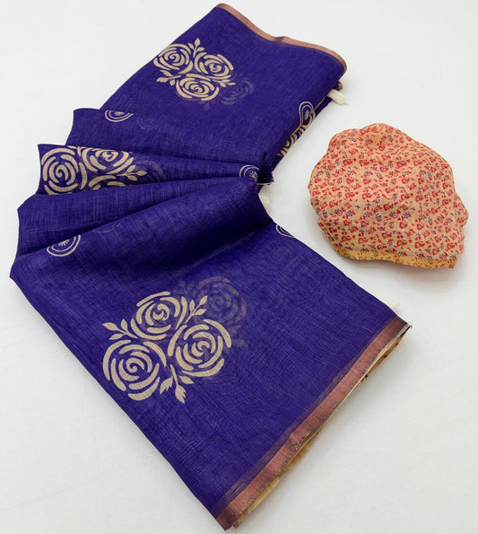 Unequalled Royal Purple Printed Cotton Silk Saree With Ratatouille Blouse Piece