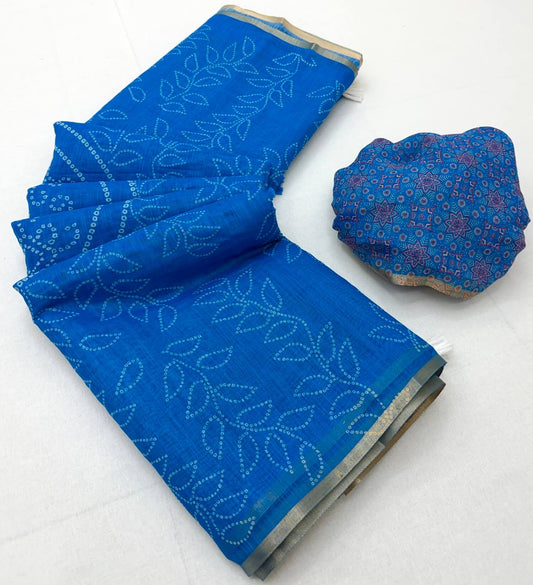 Pleasurable Royal Blue Printed Cotton Silk Saree With Adorning Blouse Piece