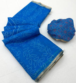 Pleasurable Royal Blue Printed Cotton Silk Saree With Adorning Blouse Piece
