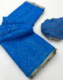 Pleasurable Royal Blue Printed Cotton Silk Saree With Adorning Blouse Piece
