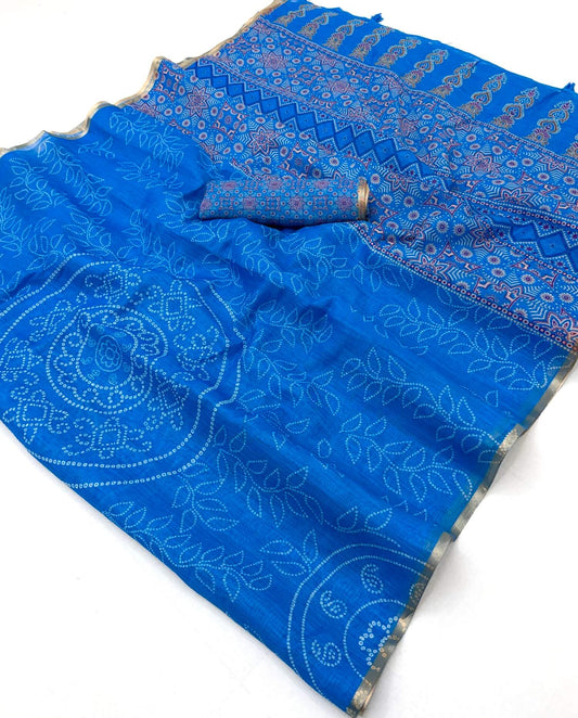 Pleasurable Royal Blue Printed Cotton Silk Saree With Adorning Blouse Piece