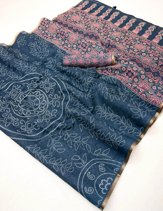 Scintillating Blue Printed Cotton Silk Saree With Ephemeral Blouse Piece
