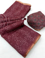 Appealing Maroon Printed Cotton Silk Saree With Rhapsodic Blouse Piece