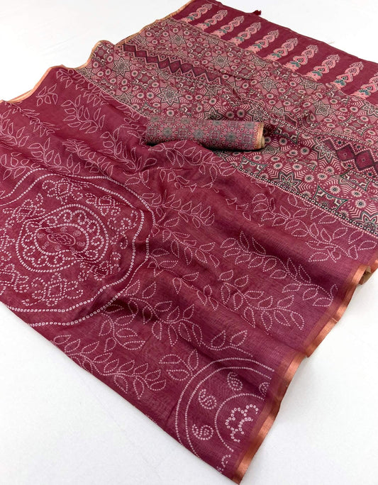 Appealing Maroon Printed Cotton Silk Saree With Rhapsodic Blouse Piece