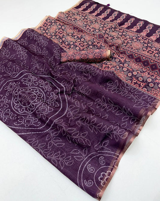 Vivacious Purple Printed Cotton Silk Saree With Inspiring Blouse Piece