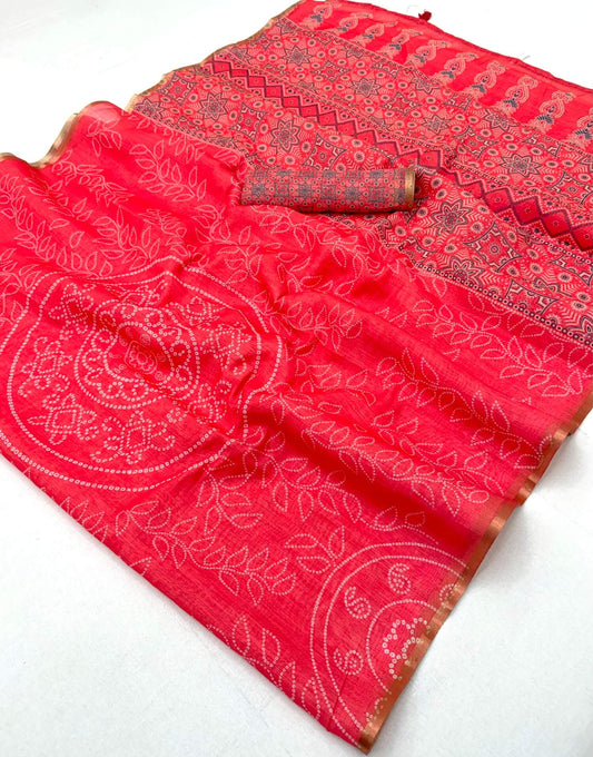 Forbearance Dark Pink Printed Cotton Silk Saree With Elision Blouse Piece