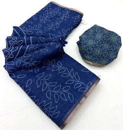 Energetic Navy Blue Printed Cotton Silk Saree With Dalliance Blouse Piece
