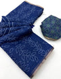 Energetic Navy Blue Printed Cotton Silk Saree With Dalliance Blouse Piece
