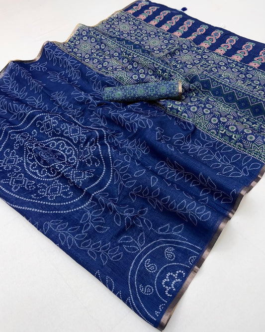 Energetic Navy Blue Printed Cotton Silk Saree With Dalliance Blouse Piece
