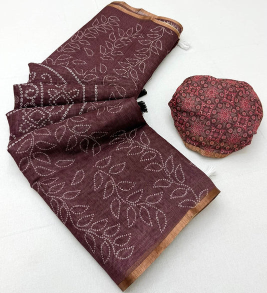 Aplomb Brown Printed Cotton Silk Saree With Gratifying Blouse Piece
