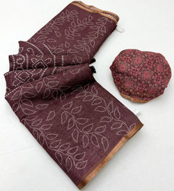 Aplomb Brown Printed Cotton Silk Saree With Gratifying Blouse Piece