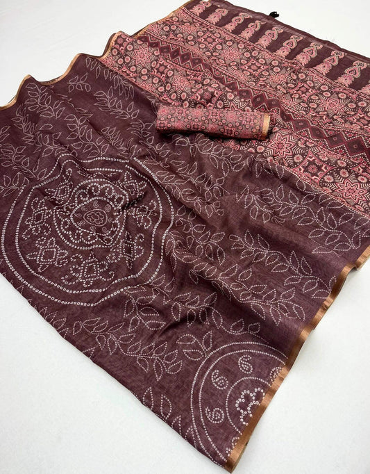 Aplomb Brown Printed Cotton Silk Saree With Gratifying Blouse Piece