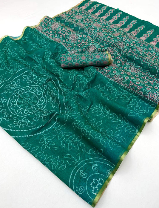Stunner Rama Printed Cotton Silk Saree With Precious Blouse Piece
