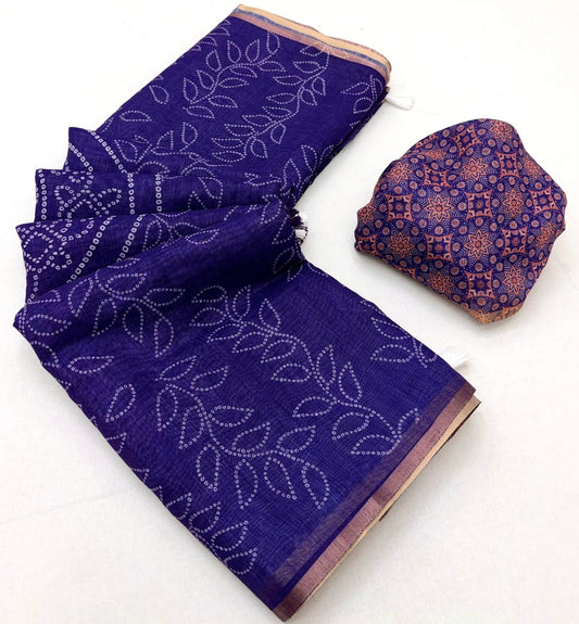 Woebegone Royal Purple Printed Cotton Silk Saree With Nectarous Blouse Piece