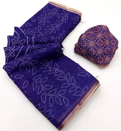 Woebegone Royal Purple Printed Cotton Silk Saree With Nectarous Blouse Piece