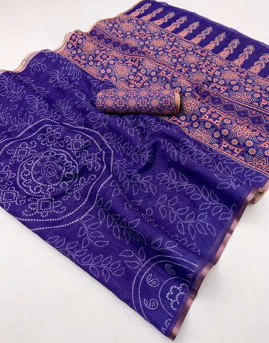 Woebegone Royal Purple Printed Cotton Silk Saree With Nectarous Blouse Piece