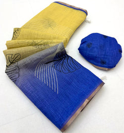 Staggering Yellow and Blue Printed Cotton Silk Saree With Beautiful Blouse Piece