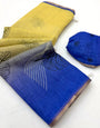 Staggering Yellow and Blue Printed Cotton Silk Saree With Beautiful Blouse Piece