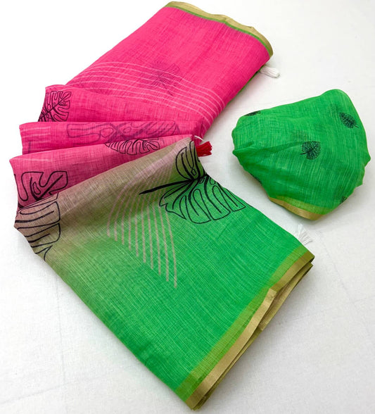 Elegant Pink and Green Printed Cotton Silk Saree With Enamoring Blouse Piece