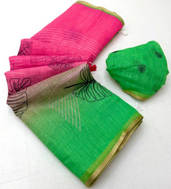 Elegant Pink and Green Printed Cotton Silk Saree With Enamoring Blouse Piece