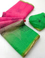 Elegant Pink and Green Printed Cotton Silk Saree With Enamoring Blouse Piece
