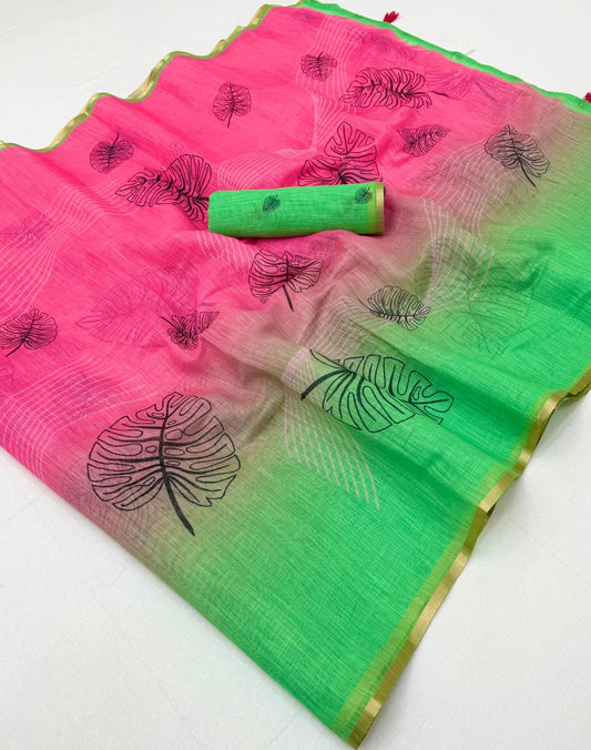 Elegant Pink and Green Printed Cotton Silk Saree With Enamoring Blouse Piece