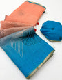 Eloquence Peach and Blue Printed Cotton Silk Saree With Serendipity Blouse Piece