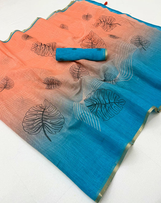 Eloquence Peach and Blue Printed Cotton Silk Saree With Serendipity Blouse Piece