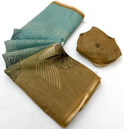 Snappy Sky and Brown Printed Cotton Silk Saree With Preferable Blouse Piece
