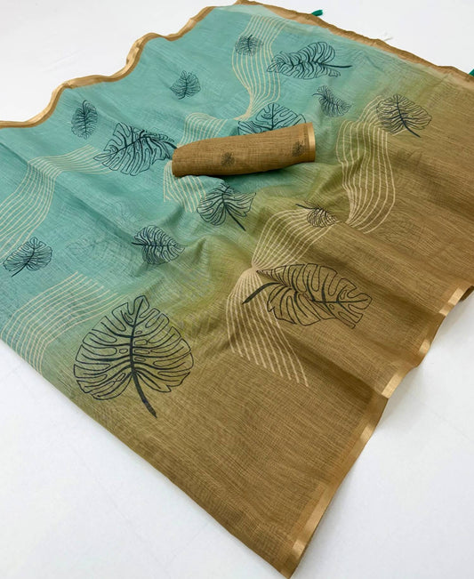 Snappy Sky and Brown Printed Cotton Silk Saree With Preferable Blouse Piece