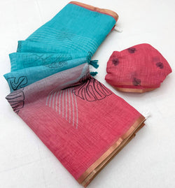 Beleaguer Sky and Pink Printed Cotton Silk Saree With Mellifluous Blouse Piece